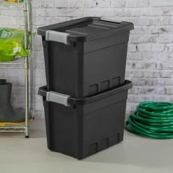 Discount 👍 7.5 gal. Rugged Industrial Storage Totes with Latch Lid in Black (6-Pack) by Sterilite 🎁 -Cheap Sterilite Store black sterilite storage bins 6 x 14839006 31 1000