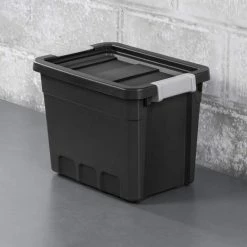 Discount 👍 7.5 gal. Rugged Industrial Storage Totes with Latch Lid in Black (6-Pack) by Sterilite 🎁 -Cheap Sterilite Store black sterilite storage bins 6 x 14839006 44 1000